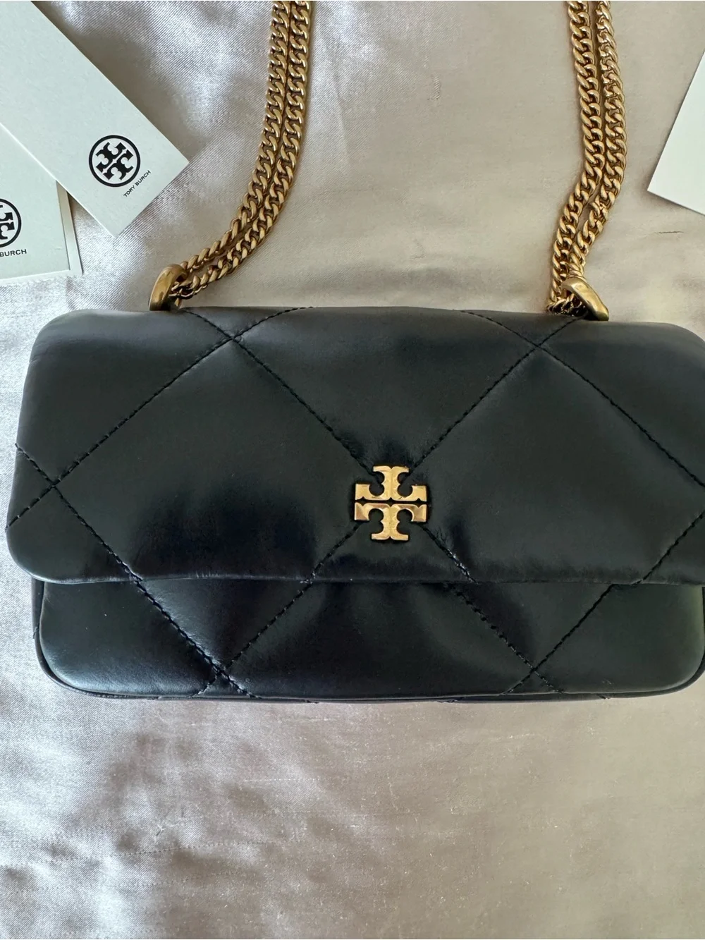 Tory Burch Mini Kira Diamond Quilt Flap Bag - Black with Gold Hardware